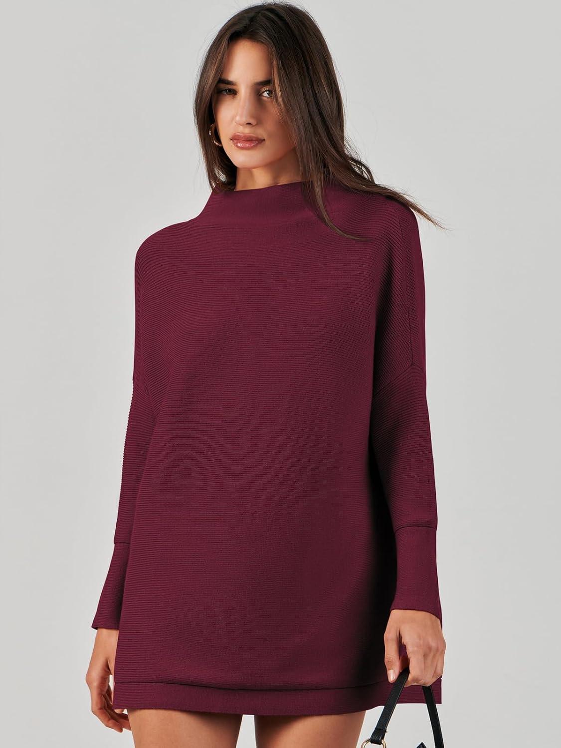 imageANRABESS Women Oversized Casual Loose Turtleneck Long Sleeve Slouchy Baggy Knit Tunic Sweaters Pullover 2025 Fall OutfitsWine Red
