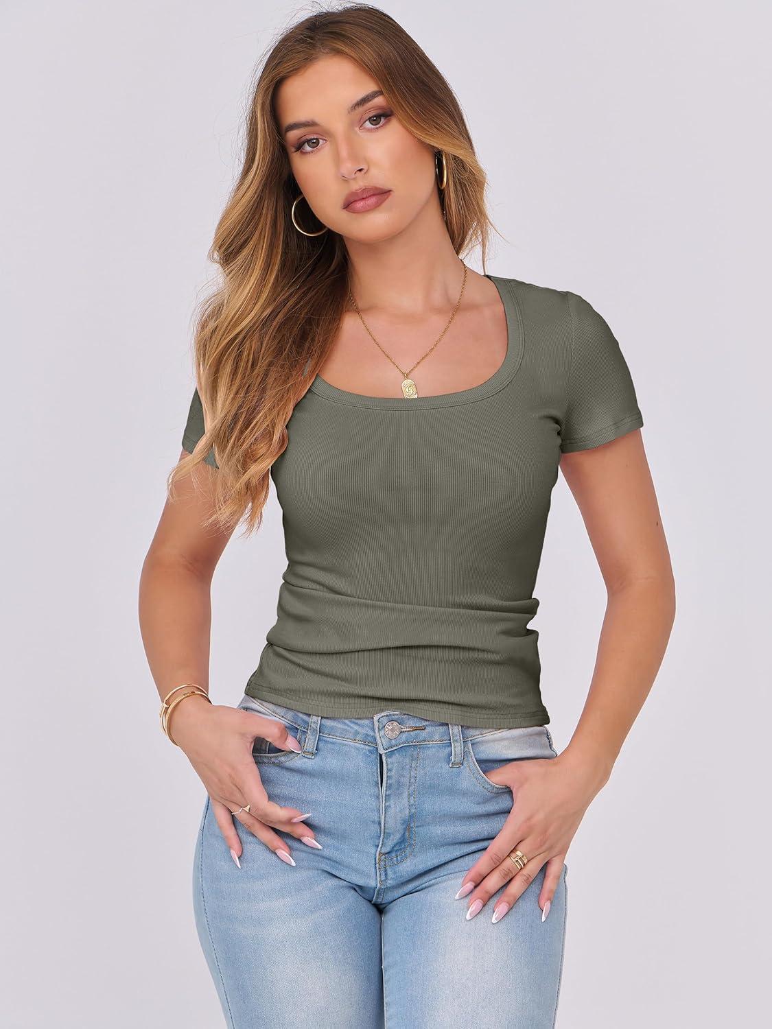 imageANRABESS Women Short Sleeve Tops Scoop Neck Ribbed Knit Slim Fitted Basic Tee Shirts 2025 Casual Summer Trendy ClothesArmy Green