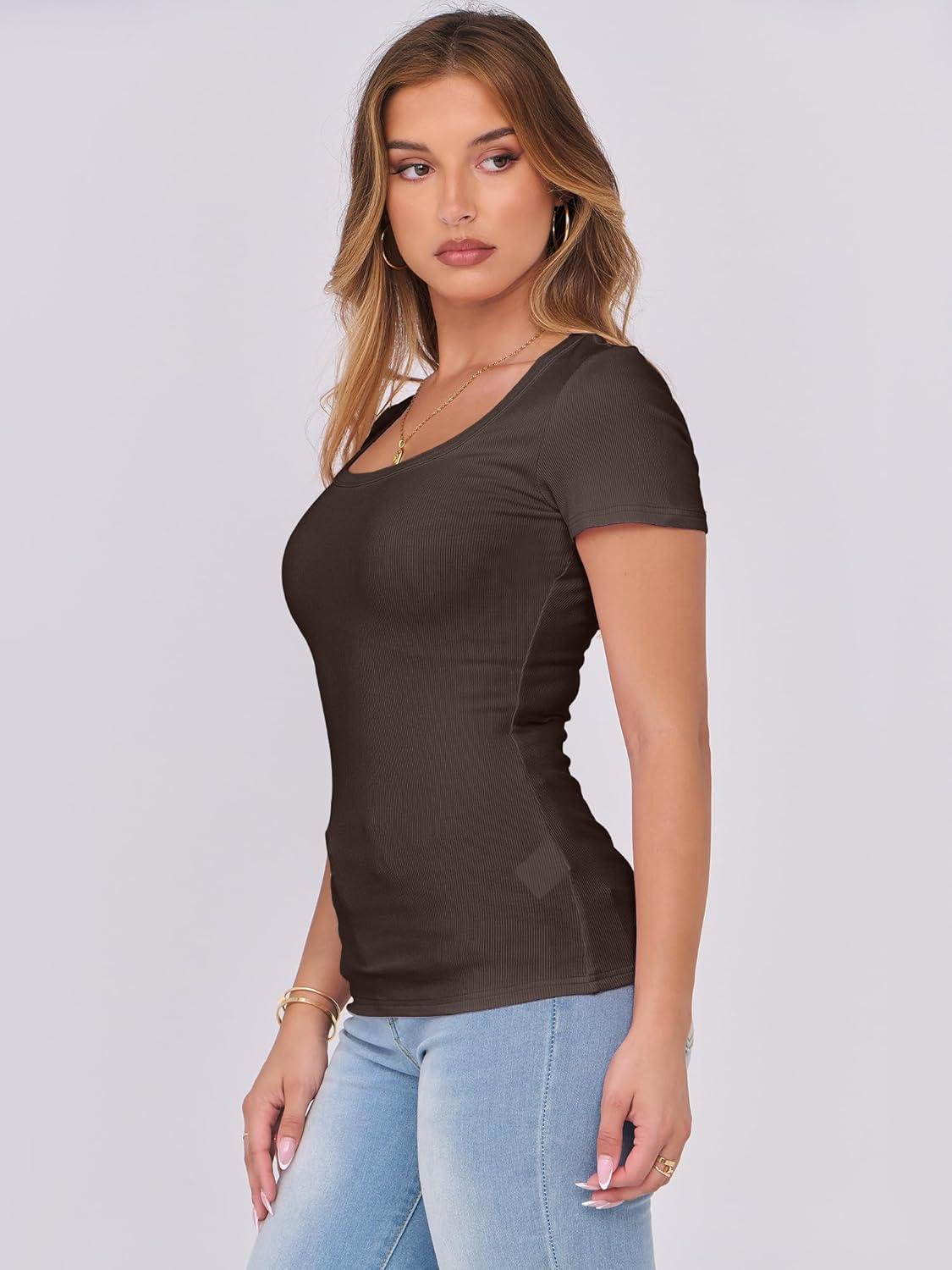 imageANRABESS Women Short Sleeve Tops Scoop Neck Ribbed Knit Slim Fitted Basic Tee Shirts 2025 Casual Summer Trendy ClothesBrown
