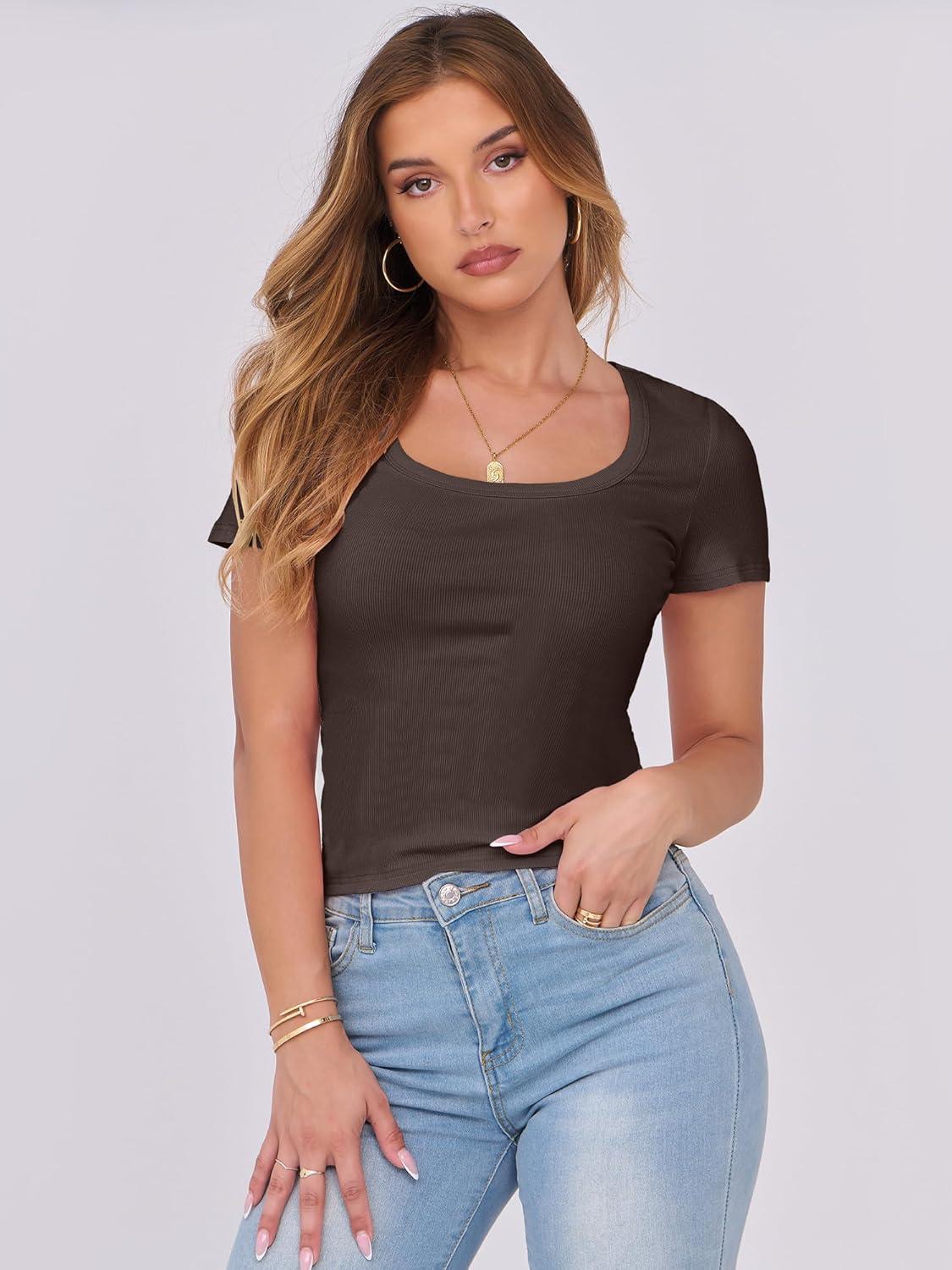 imageANRABESS Women Short Sleeve Tops Scoop Neck Ribbed Knit Slim Fitted Basic Tee Shirts 2025 Casual Summer Trendy ClothesBrown