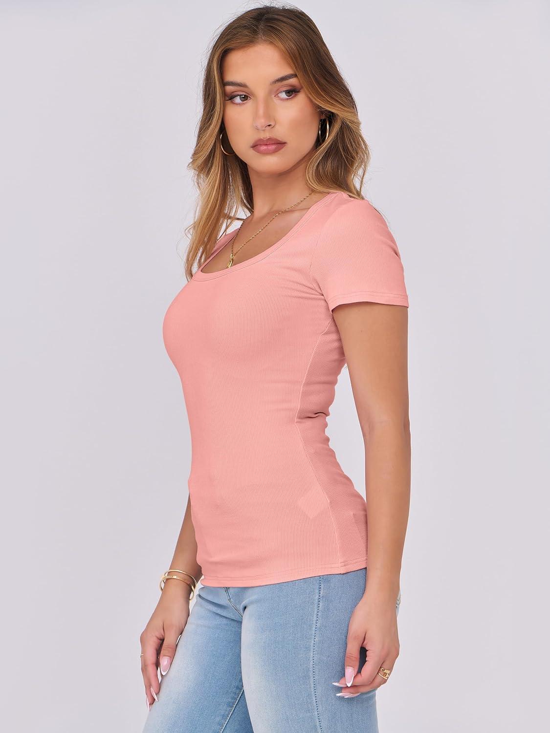 imageANRABESS Women Short Sleeve Tops Scoop Neck Ribbed Knit Slim Fitted Basic Tee Shirts 2025 Casual Summer Trendy ClothesCoral