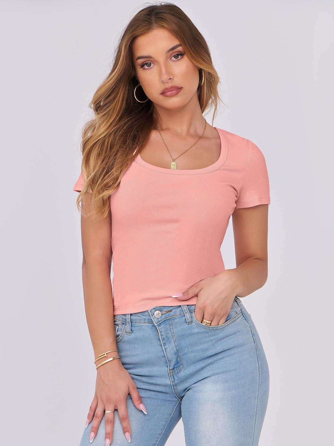 imageANRABESS Women Short Sleeve Tops Scoop Neck Ribbed Knit Slim Fitted Basic Tee Shirts 2025 Casual Summer Trendy ClothesCoral