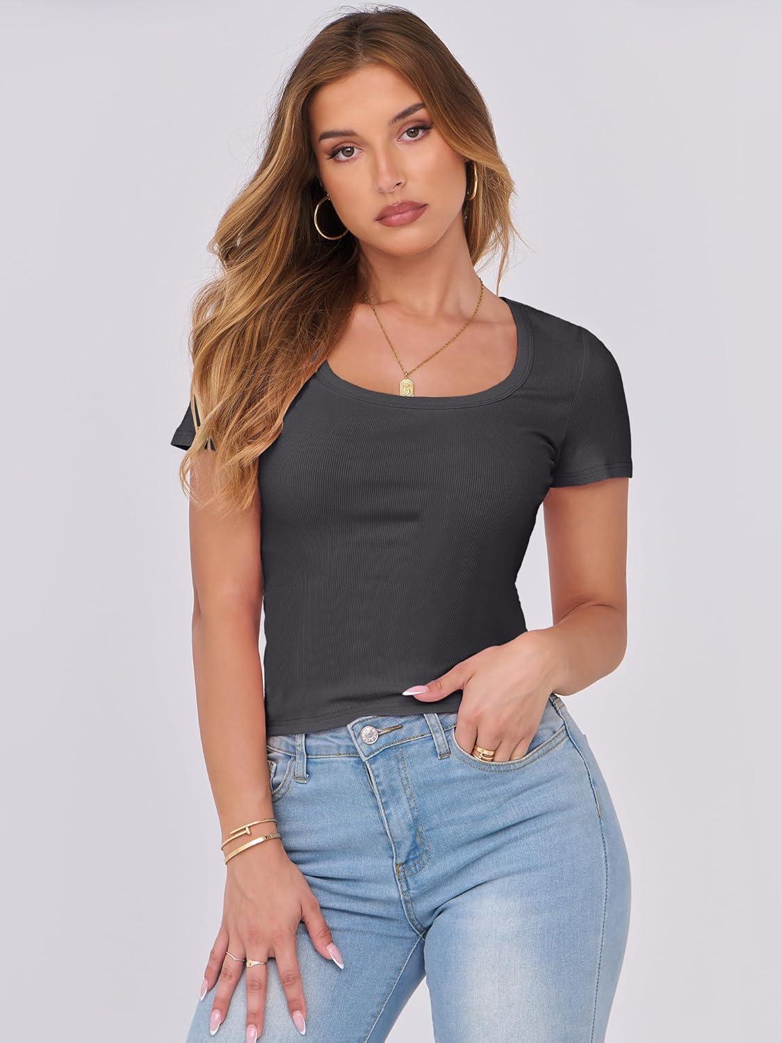 imageANRABESS Women Short Sleeve Tops Scoop Neck Ribbed Knit Slim Fitted Basic Tee Shirts 2025 Casual Summer Trendy ClothesDark Grey