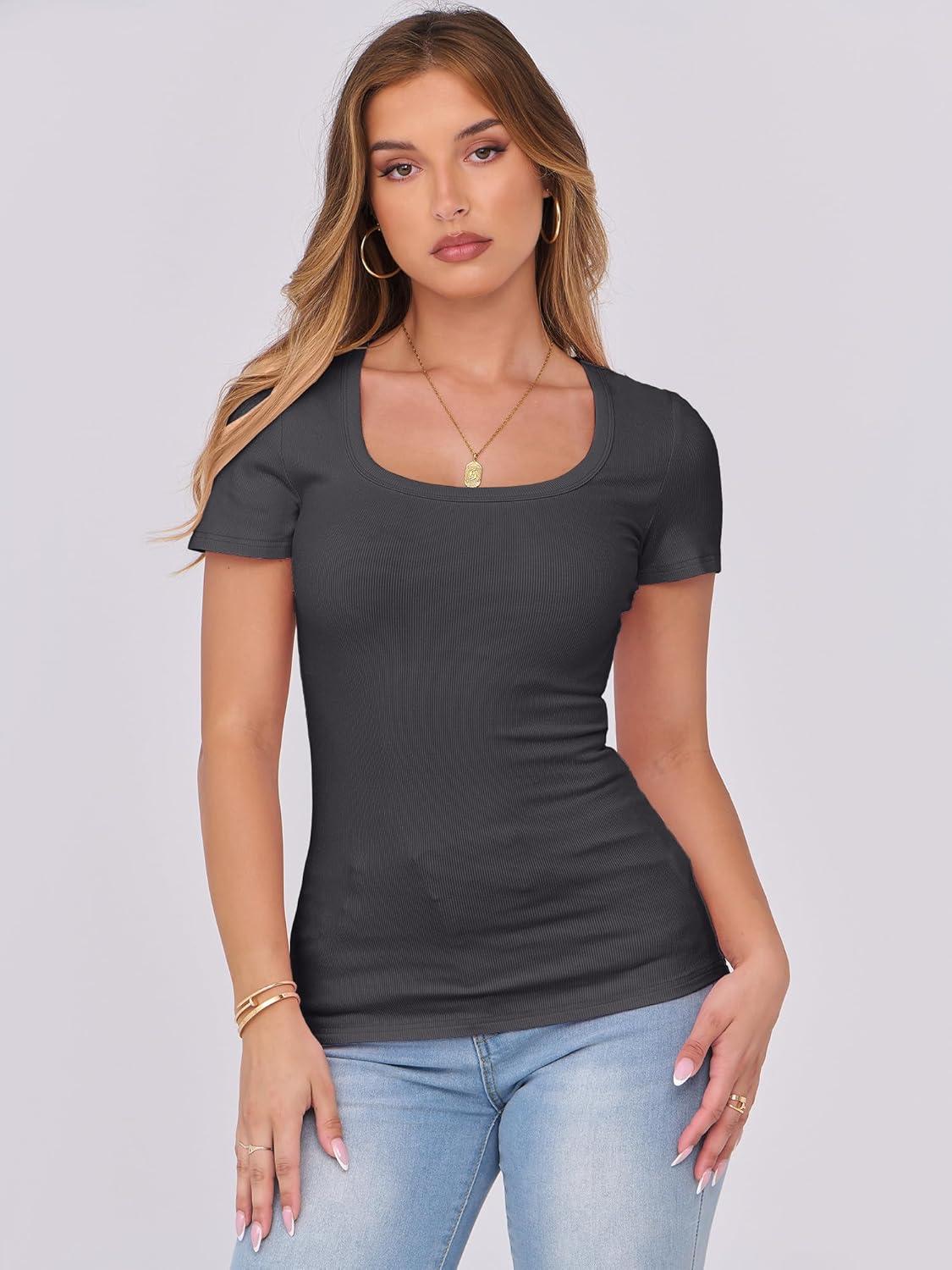 imageANRABESS Women Short Sleeve Tops Scoop Neck Ribbed Knit Slim Fitted Basic Tee Shirts 2025 Casual Summer Trendy ClothesDark Grey