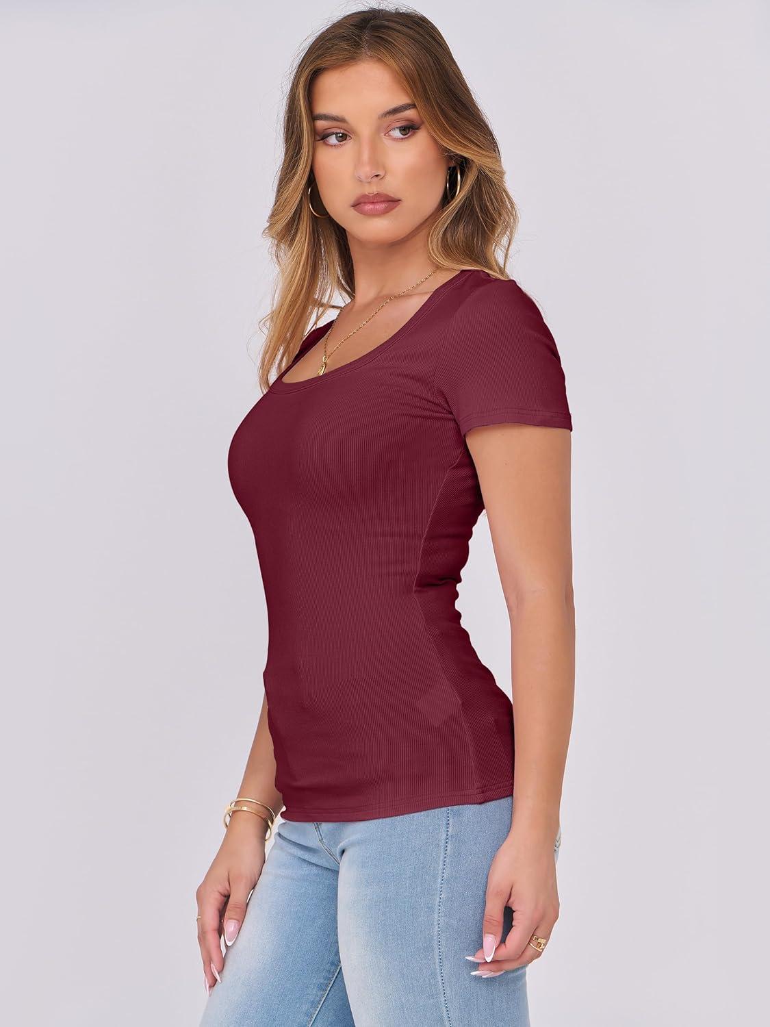 imageANRABESS Women Short Sleeve Tops Scoop Neck Ribbed Knit Slim Fitted Basic Tee Shirts 2025 Casual Summer Trendy ClothesDeep Red