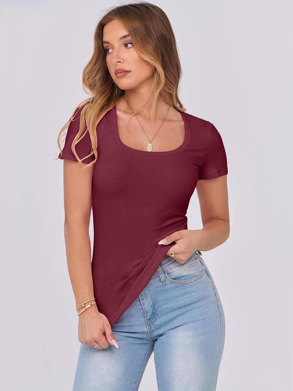imageANRABESS Women Short Sleeve Tops Scoop Neck Ribbed Knit Slim Fitted Basic Tee Shirts 2025 Casual Summer Trendy ClothesDeep Red