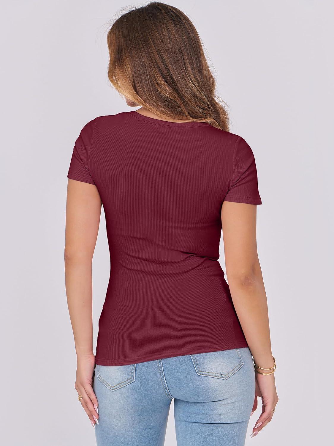 imageANRABESS Women Short Sleeve Tops Scoop Neck Ribbed Knit Slim Fitted Basic Tee Shirts 2025 Casual Summer Trendy ClothesDeep Red