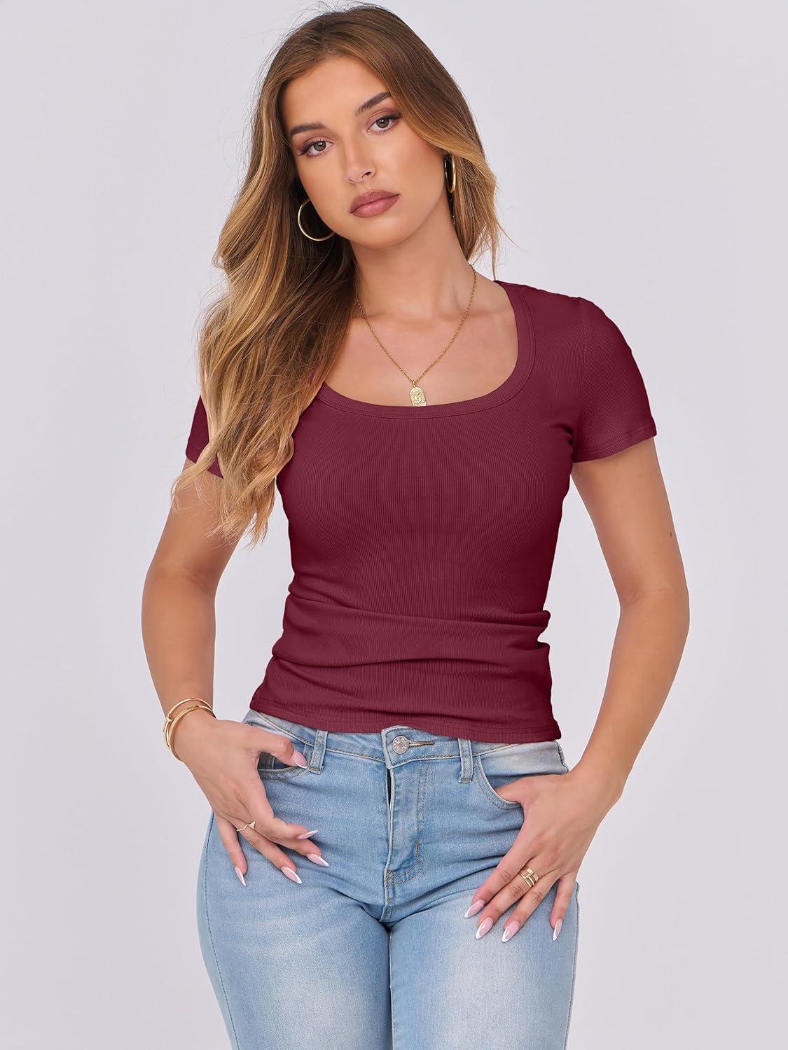 imageANRABESS Women Short Sleeve Tops Scoop Neck Ribbed Knit Slim Fitted Basic Tee Shirts 2025 Casual Summer Trendy ClothesDeep Red