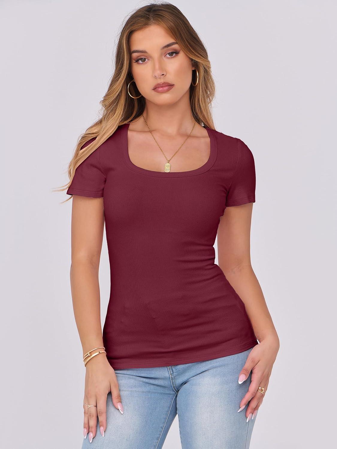 imageANRABESS Women Short Sleeve Tops Scoop Neck Ribbed Knit Slim Fitted Basic Tee Shirts 2025 Casual Summer Trendy ClothesDeep Red