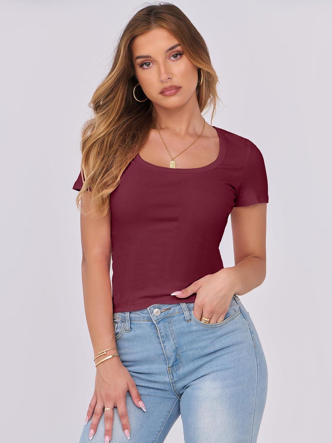 imageANRABESS Women Short Sleeve Tops Scoop Neck Ribbed Knit Slim Fitted Basic Tee Shirts 2025 Casual Summer Trendy ClothesDeep Red