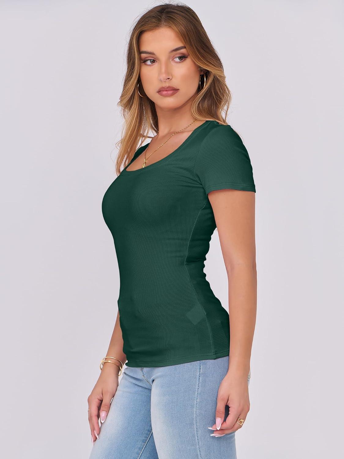 imageANRABESS Women Short Sleeve Tops Scoop Neck Ribbed Knit Slim Fitted Basic Tee Shirts 2025 Casual Summer Trendy ClothesForest Green