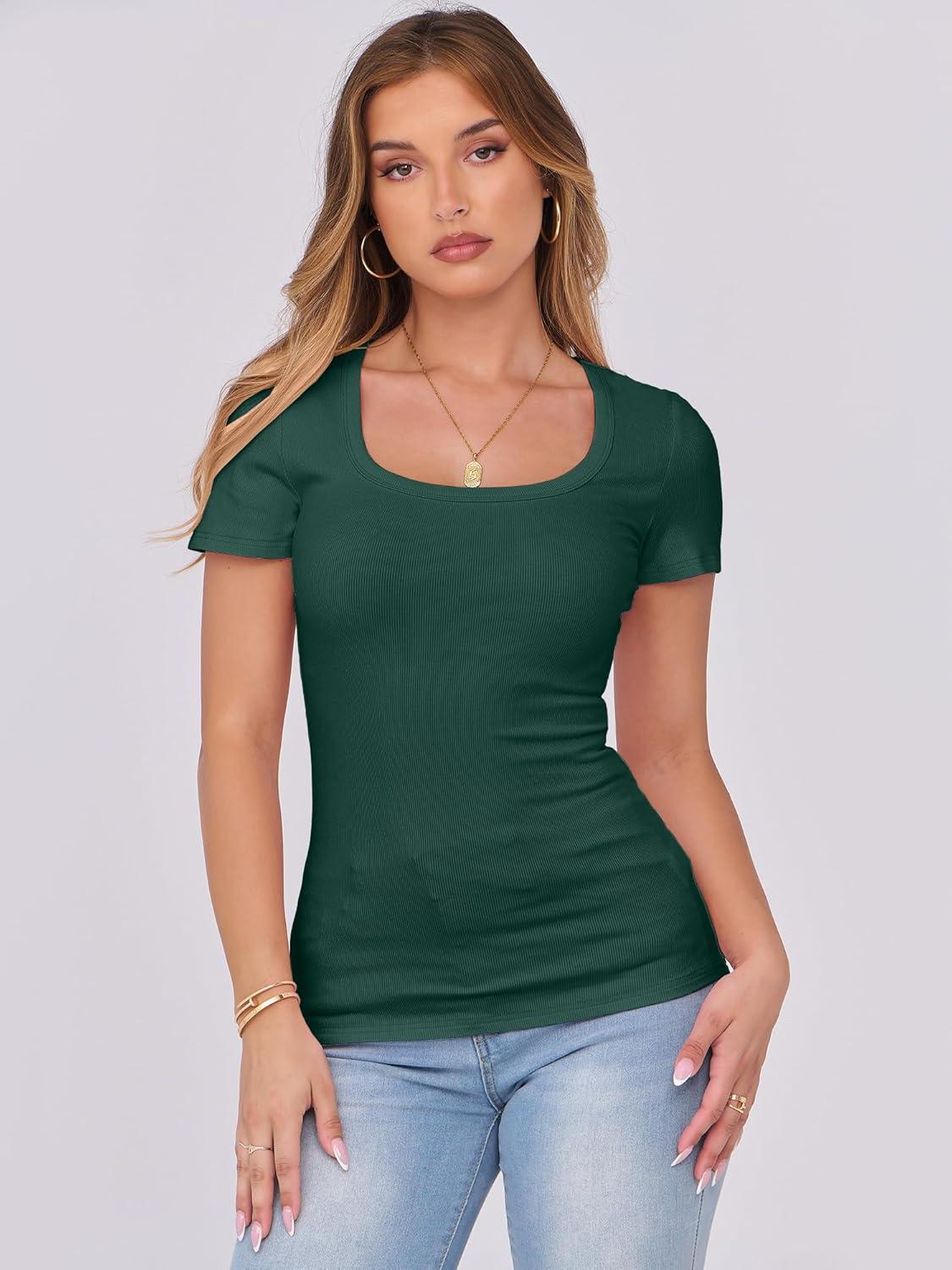 imageANRABESS Women Short Sleeve Tops Scoop Neck Ribbed Knit Slim Fitted Basic Tee Shirts 2025 Casual Summer Trendy ClothesForest Green