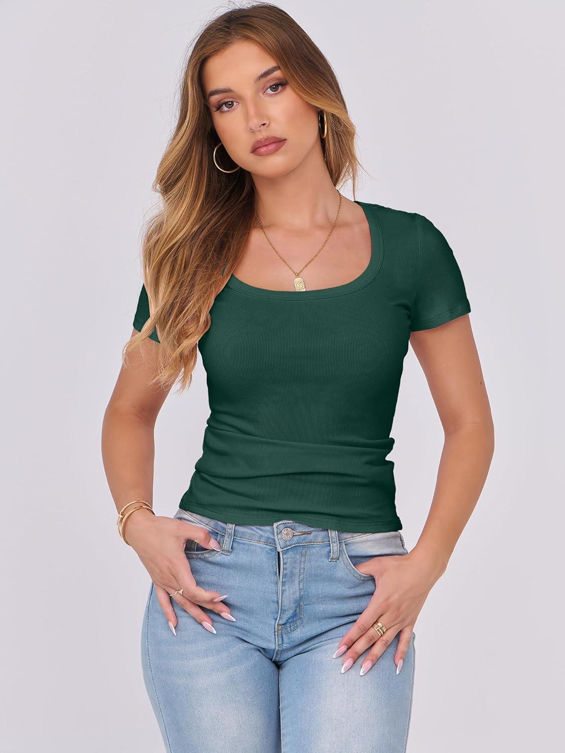 imageANRABESS Women Short Sleeve Tops Scoop Neck Ribbed Knit Slim Fitted Basic Tee Shirts 2025 Casual Summer Trendy ClothesForest Green
