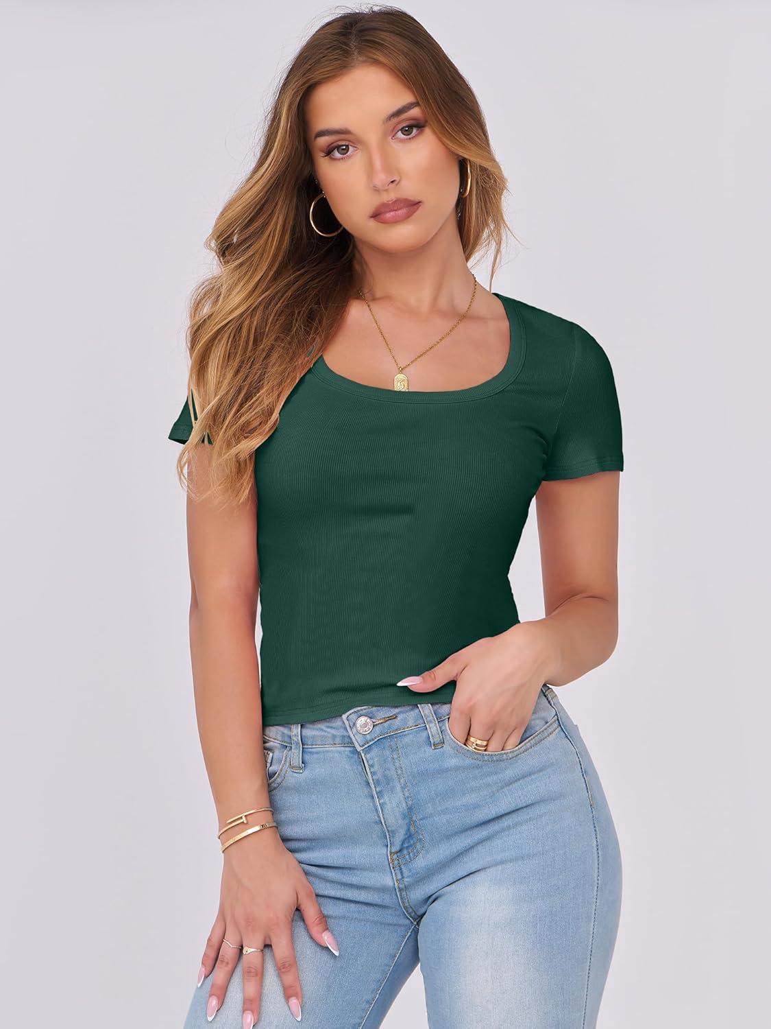 imageANRABESS Women Short Sleeve Tops Scoop Neck Ribbed Knit Slim Fitted Basic Tee Shirts 2025 Casual Summer Trendy ClothesForest Green