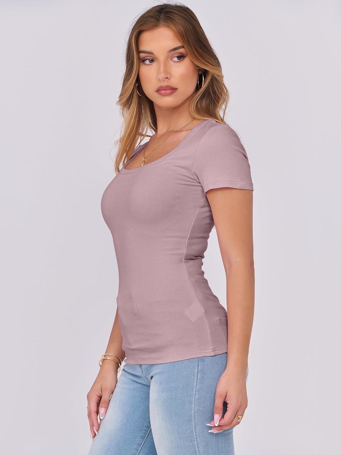 imageANRABESS Women Short Sleeve Tops Scoop Neck Ribbed Knit Slim Fitted Basic Tee Shirts 2025 Casual Summer Trendy ClothesGrey Pink