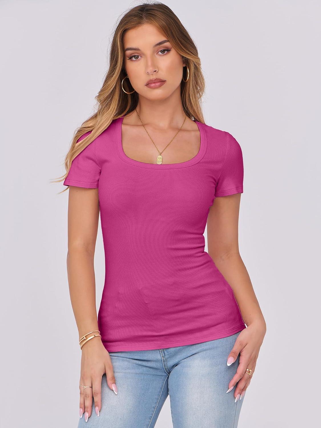 imageANRABESS Women Short Sleeve Tops Scoop Neck Ribbed Knit Slim Fitted Basic Tee Shirts 2025 Casual Summer Trendy ClothesHot Pink