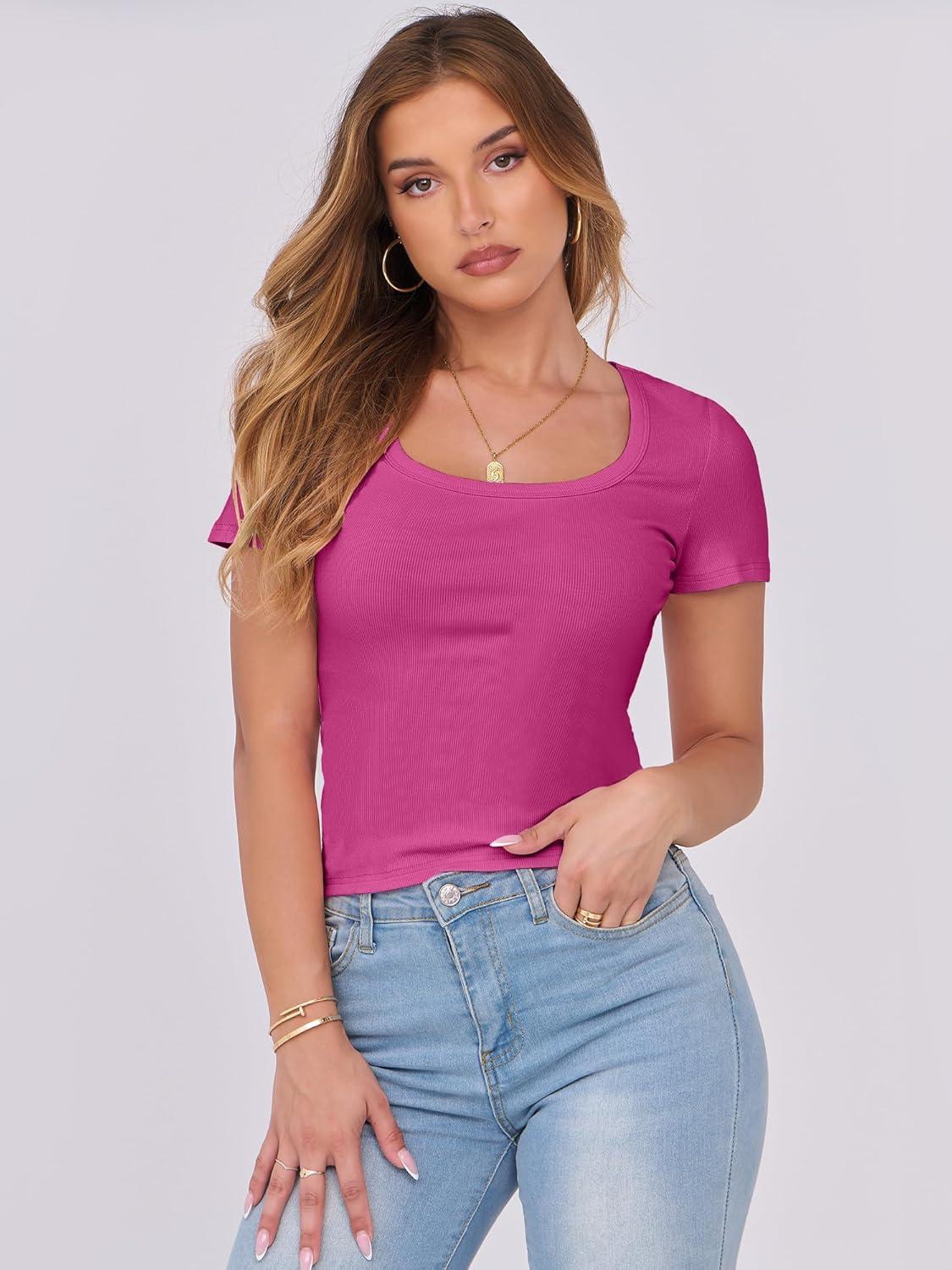imageANRABESS Women Short Sleeve Tops Scoop Neck Ribbed Knit Slim Fitted Basic Tee Shirts 2025 Casual Summer Trendy ClothesHot Pink