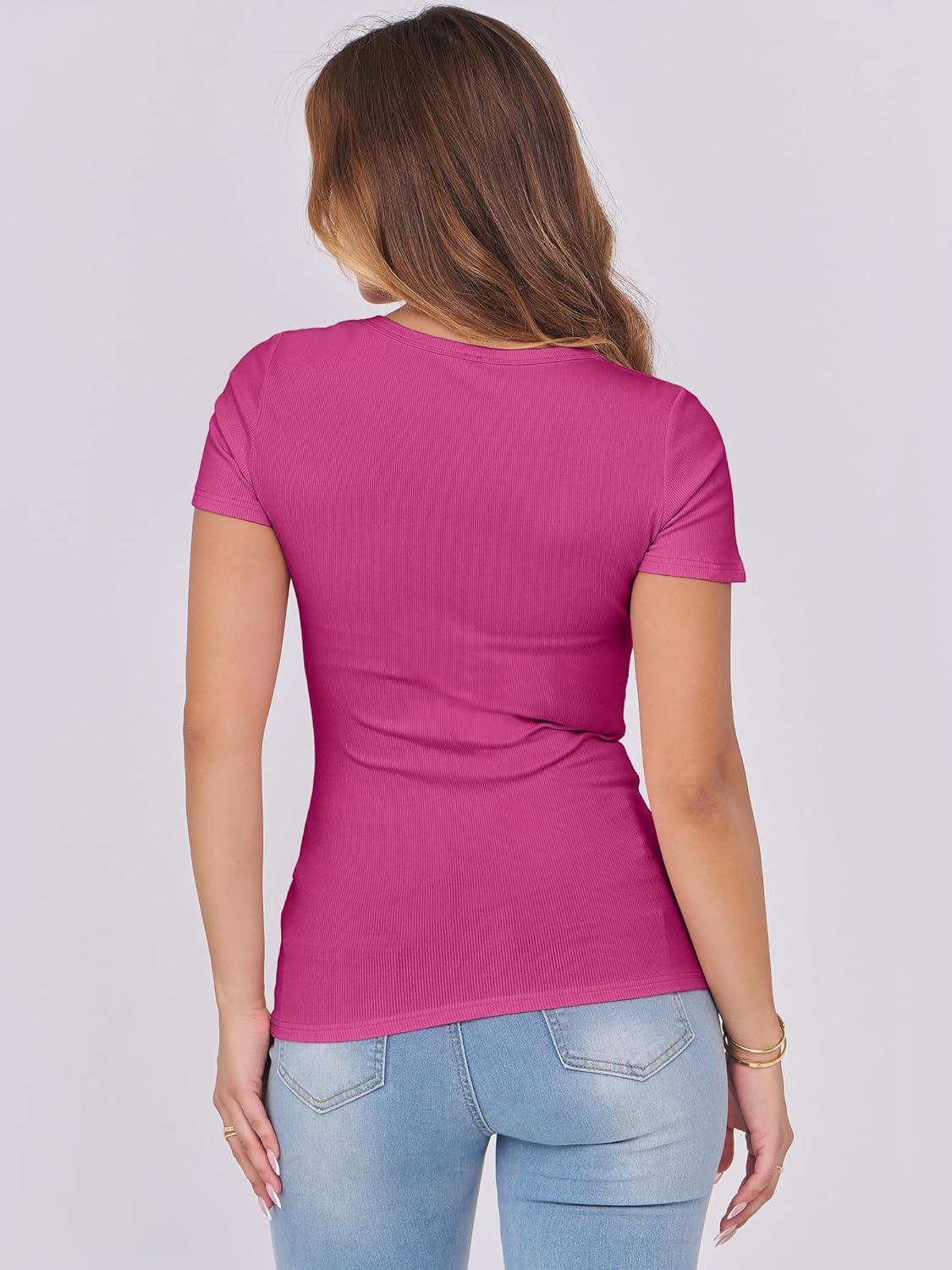 imageANRABESS Women Short Sleeve Tops Scoop Neck Ribbed Knit Slim Fitted Basic Tee Shirts 2025 Casual Summer Trendy ClothesHot Pink