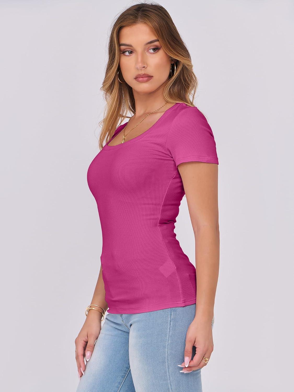 imageANRABESS Women Short Sleeve Tops Scoop Neck Ribbed Knit Slim Fitted Basic Tee Shirts 2025 Casual Summer Trendy ClothesHot Pink