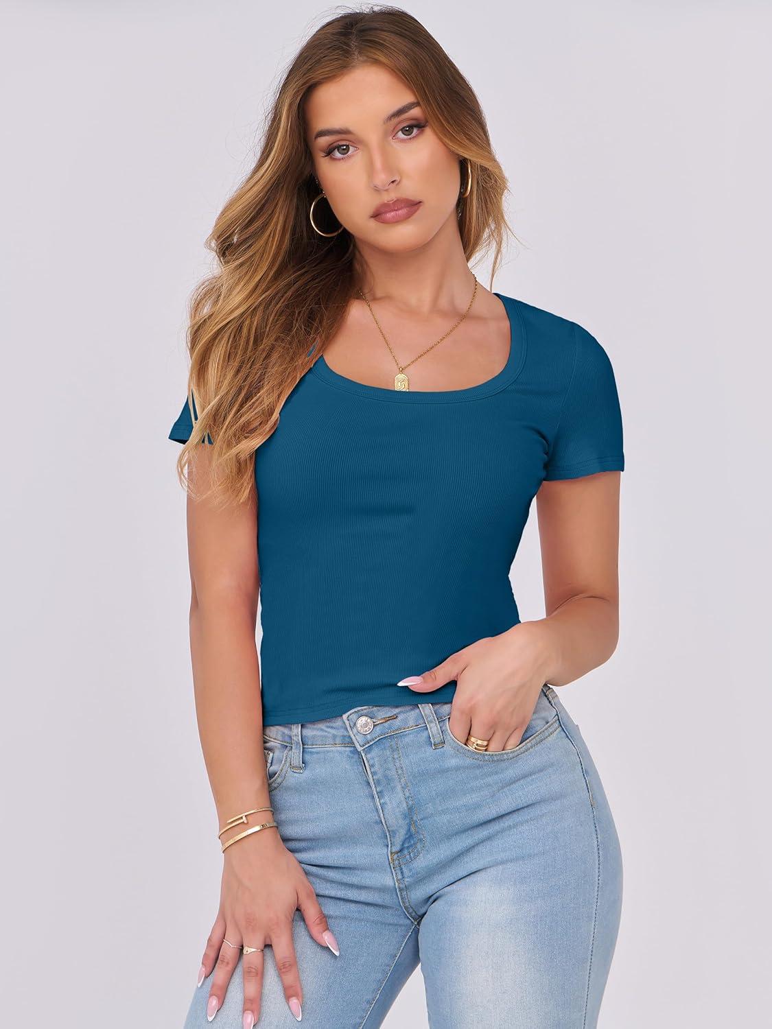 imageANRABESS Women Short Sleeve Tops Scoop Neck Ribbed Knit Slim Fitted Basic Tee Shirts 2025 Casual Summer Trendy ClothesIndigo