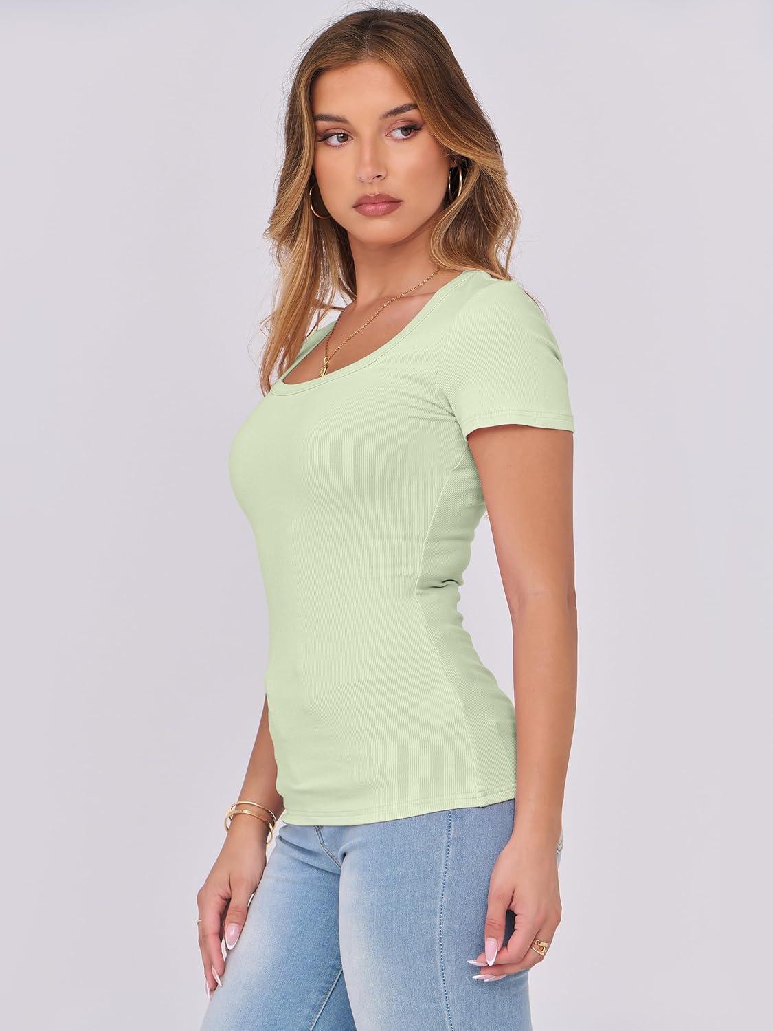 imageANRABESS Women Short Sleeve Tops Scoop Neck Ribbed Knit Slim Fitted Basic Tee Shirts 2025 Casual Summer Trendy ClothesLight Green