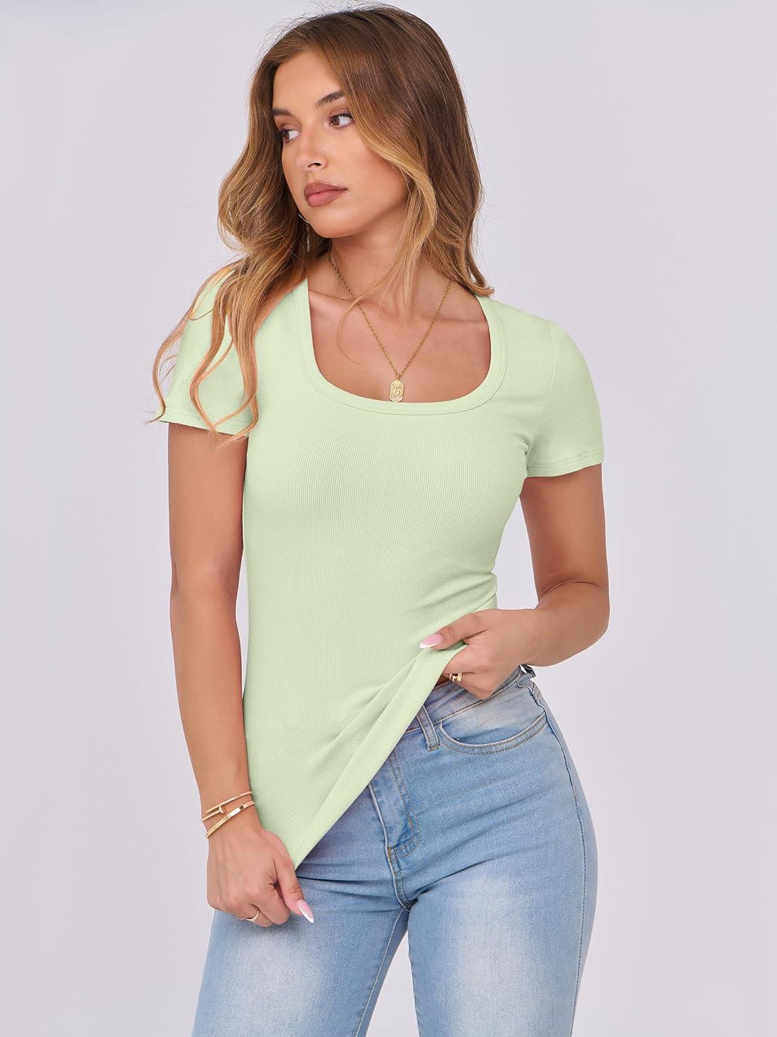 imageANRABESS Women Short Sleeve Tops Scoop Neck Ribbed Knit Slim Fitted Basic Tee Shirts 2025 Casual Summer Trendy ClothesLight Green