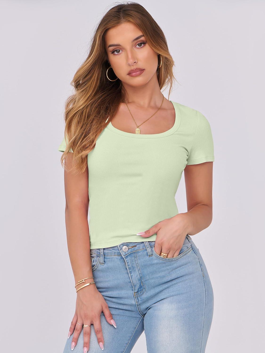 imageANRABESS Women Short Sleeve Tops Scoop Neck Ribbed Knit Slim Fitted Basic Tee Shirts 2025 Casual Summer Trendy ClothesLight Green