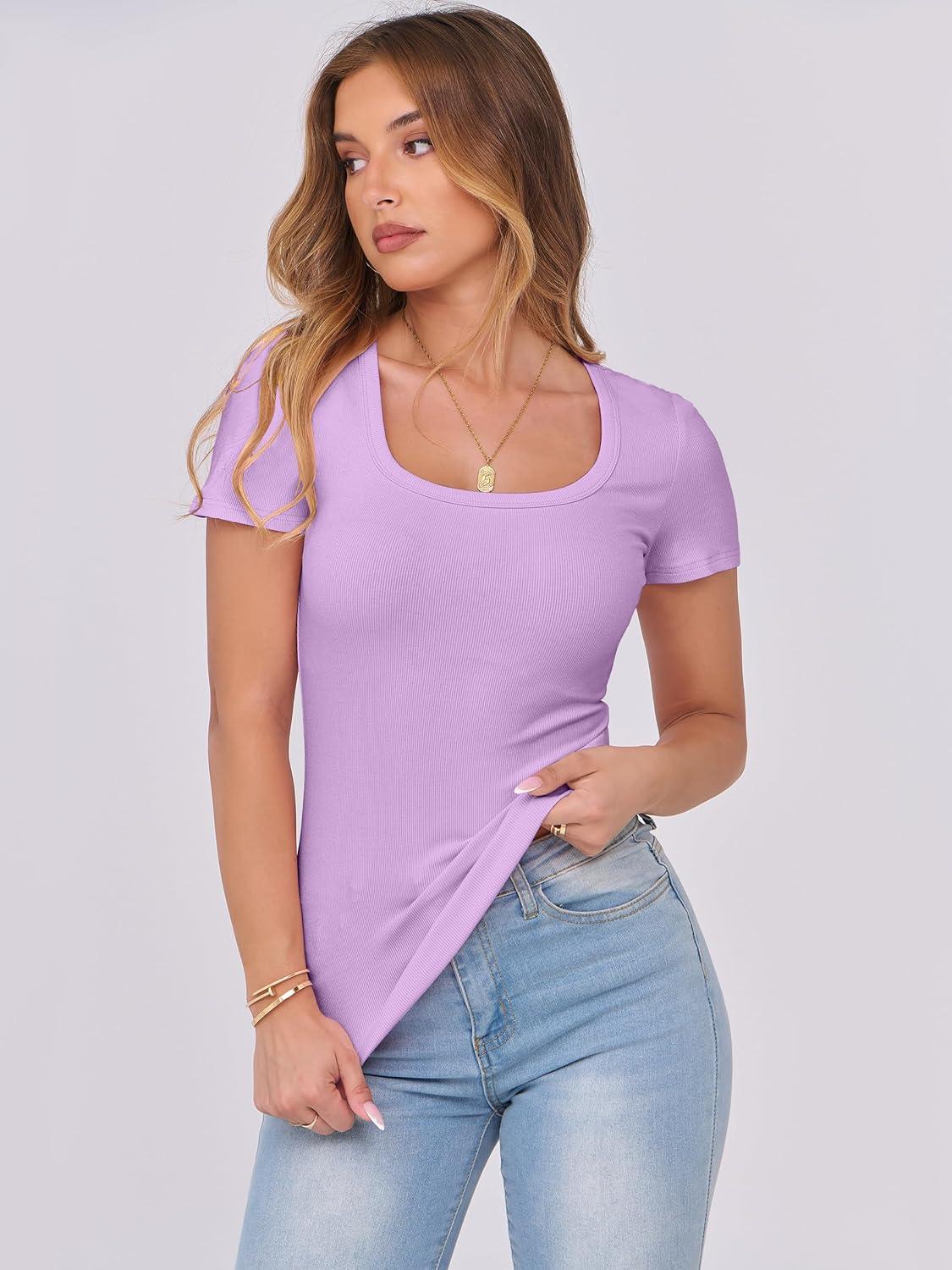imageANRABESS Women Short Sleeve Tops Scoop Neck Ribbed Knit Slim Fitted Basic Tee Shirts 2025 Casual Summer Trendy ClothesLight Purple