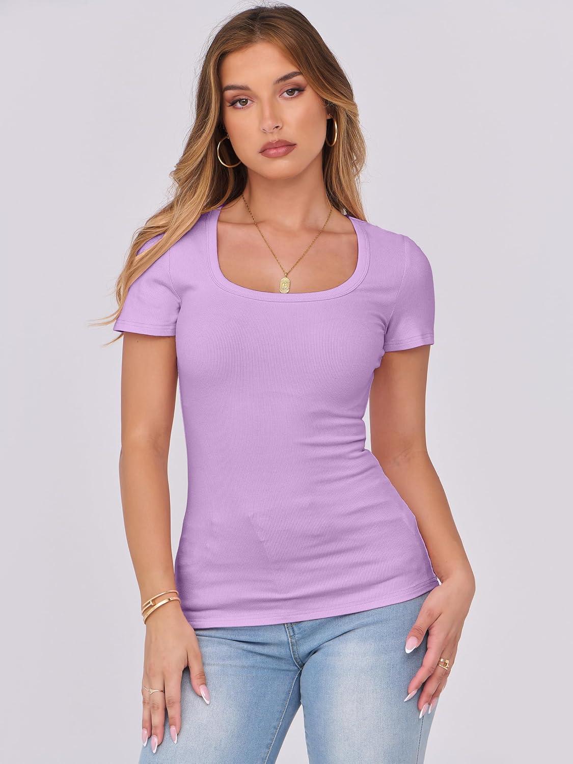 imageANRABESS Women Short Sleeve Tops Scoop Neck Ribbed Knit Slim Fitted Basic Tee Shirts 2025 Casual Summer Trendy ClothesLight Purple
