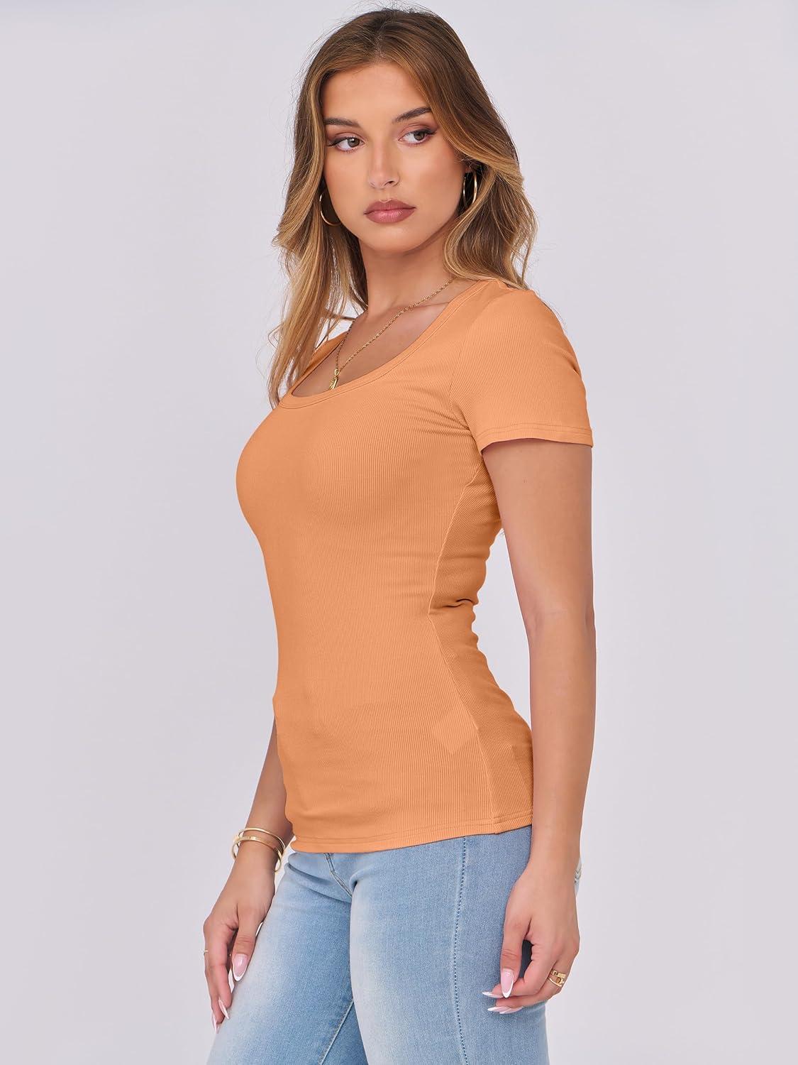 imageANRABESS Women Short Sleeve Tops Scoop Neck Ribbed Knit Slim Fitted Basic Tee Shirts 2025 Casual Summer Trendy ClothesOrange