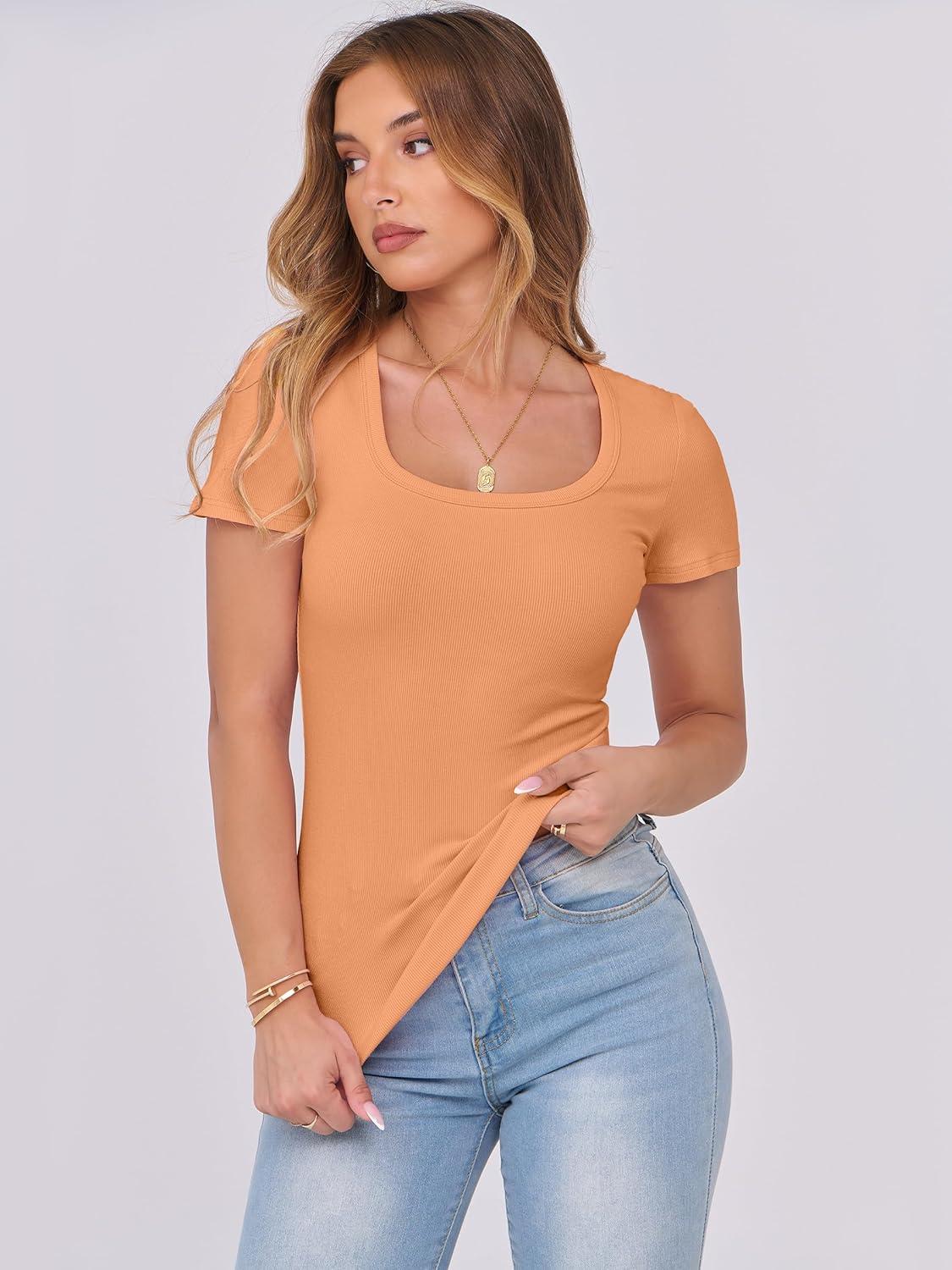 imageANRABESS Women Short Sleeve Tops Scoop Neck Ribbed Knit Slim Fitted Basic Tee Shirts 2025 Casual Summer Trendy ClothesOrange