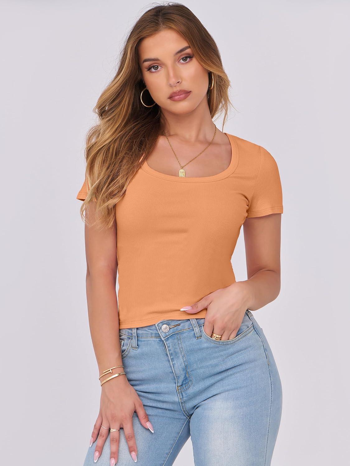 imageANRABESS Women Short Sleeve Tops Scoop Neck Ribbed Knit Slim Fitted Basic Tee Shirts 2025 Casual Summer Trendy ClothesOrange
