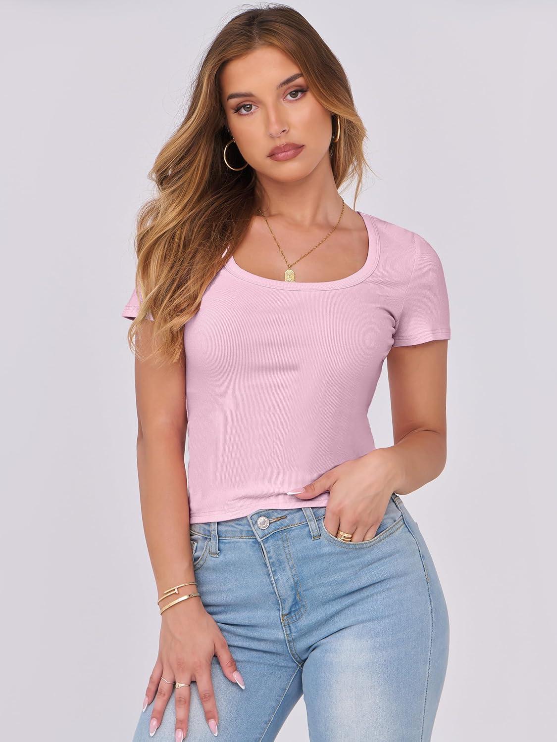 imageANRABESS Women Short Sleeve Tops Scoop Neck Ribbed Knit Slim Fitted Basic Tee Shirts 2025 Casual Summer Trendy ClothesPink