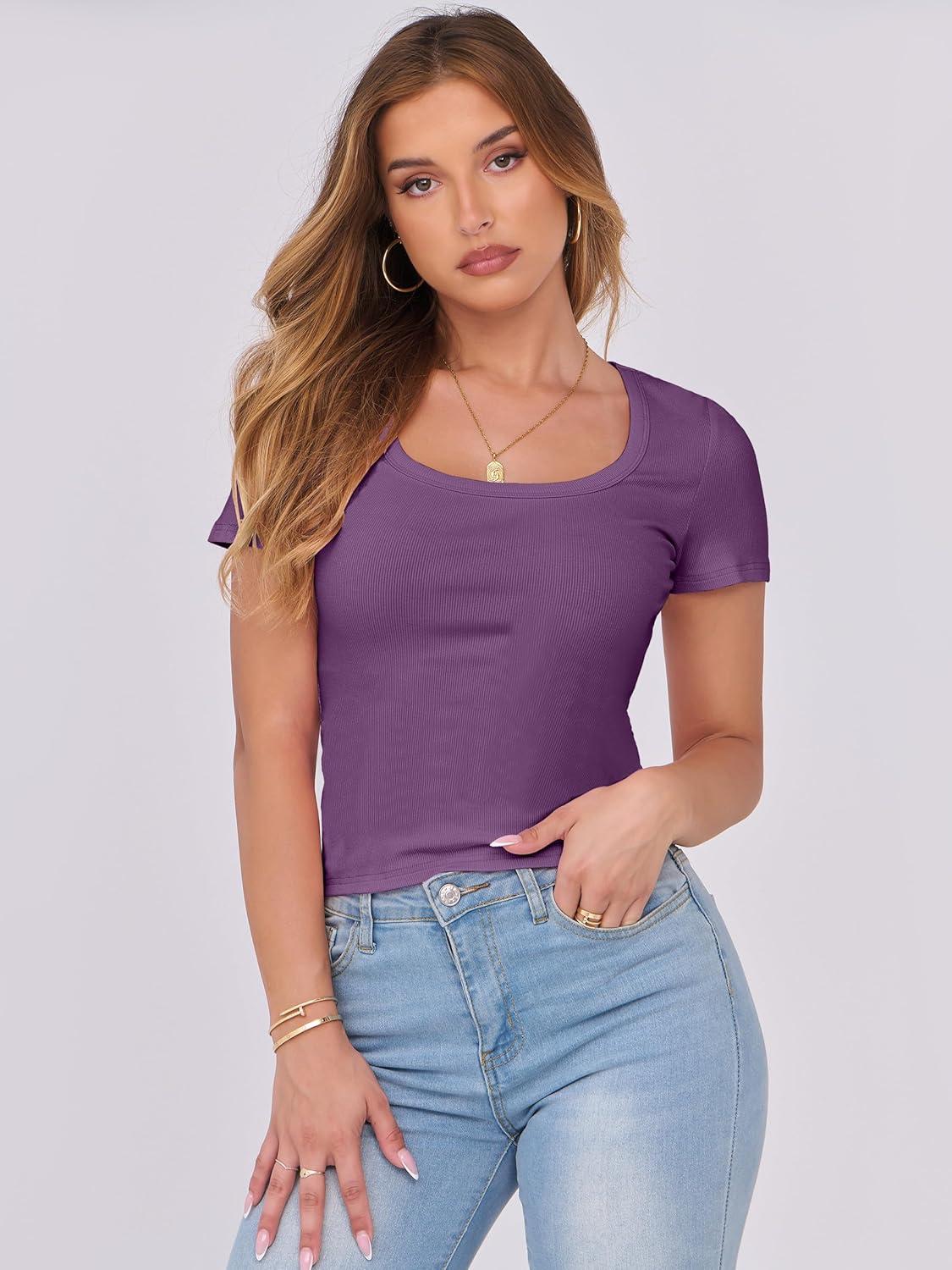 imageANRABESS Women Short Sleeve Tops Scoop Neck Ribbed Knit Slim Fitted Basic Tee Shirts 2025 Casual Summer Trendy ClothesPurple