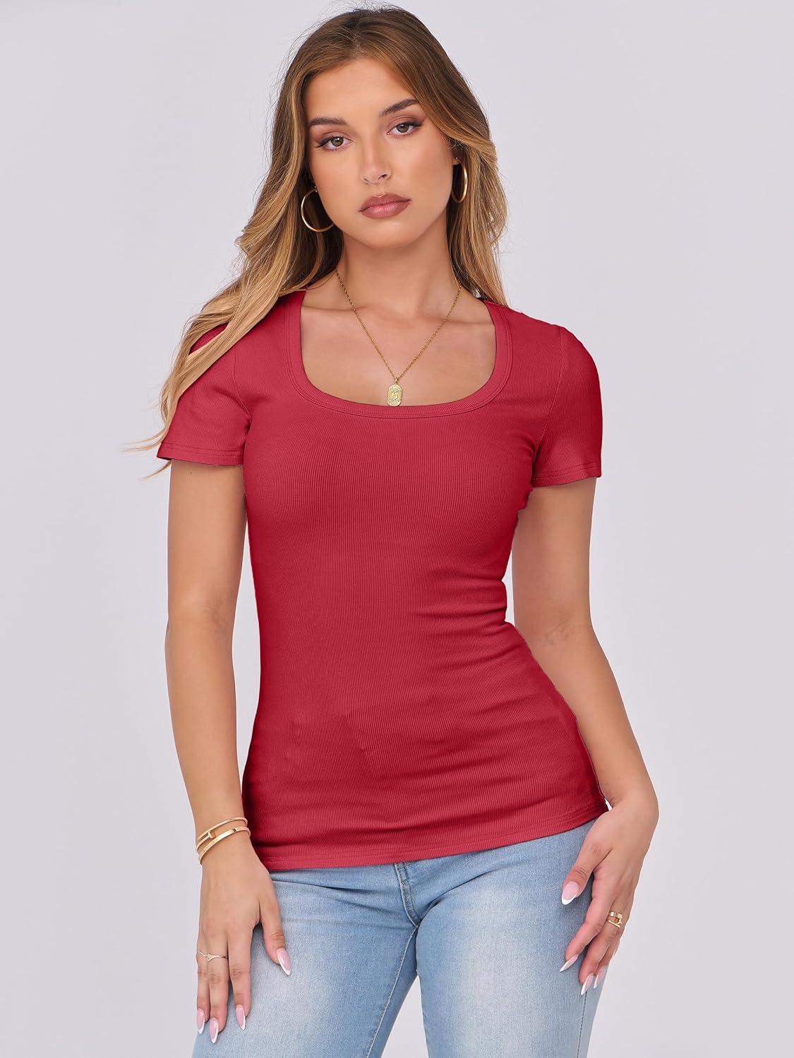 imageANRABESS Women Short Sleeve Tops Scoop Neck Ribbed Knit Slim Fitted Basic Tee Shirts 2025 Casual Summer Trendy ClothesRed