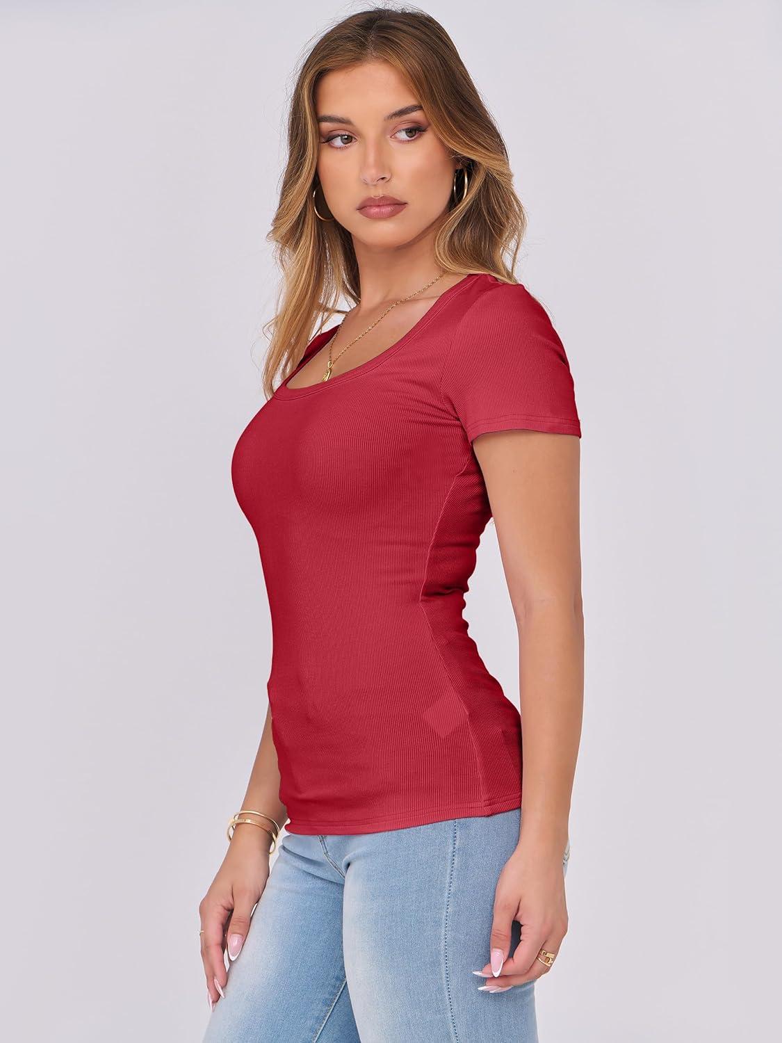 imageANRABESS Women Short Sleeve Tops Scoop Neck Ribbed Knit Slim Fitted Basic Tee Shirts 2025 Casual Summer Trendy ClothesRed