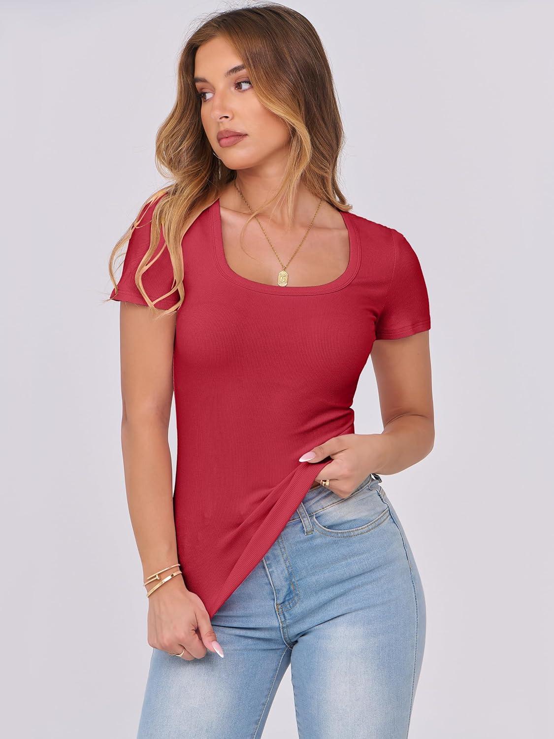 imageANRABESS Women Short Sleeve Tops Scoop Neck Ribbed Knit Slim Fitted Basic Tee Shirts 2025 Casual Summer Trendy ClothesRed