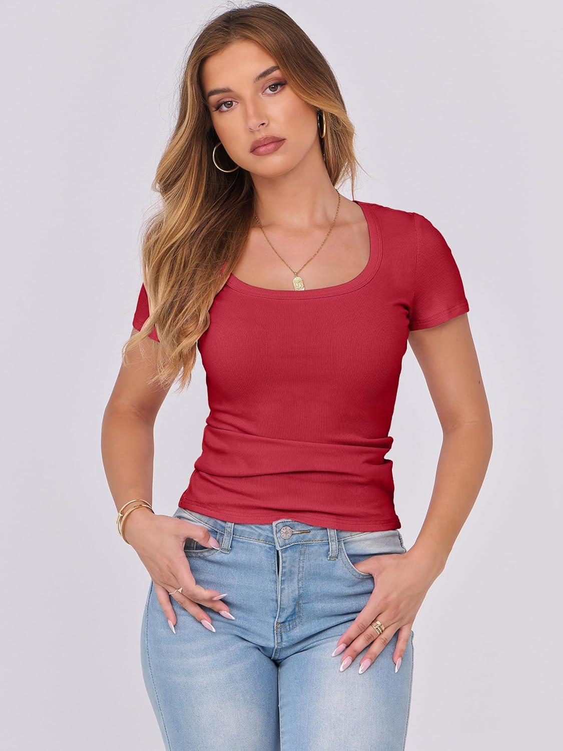 imageANRABESS Women Short Sleeve Tops Scoop Neck Ribbed Knit Slim Fitted Basic Tee Shirts 2025 Casual Summer Trendy ClothesRed