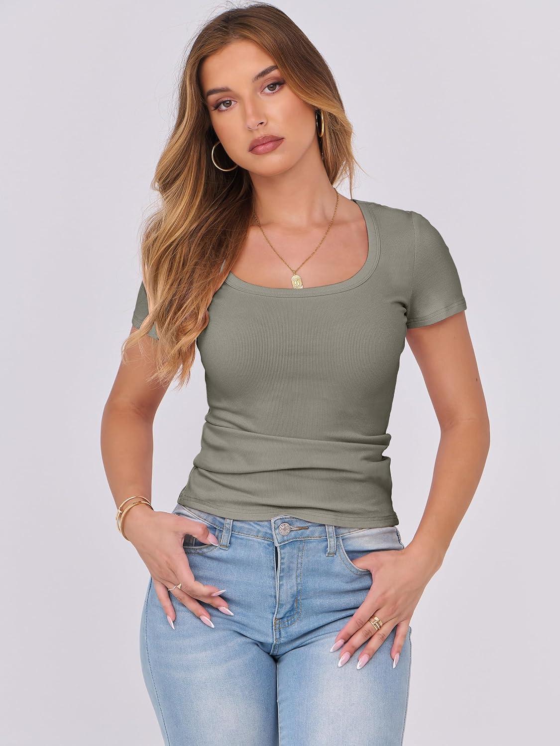 imageANRABESS Women Short Sleeve Tops Scoop Neck Ribbed Knit Slim Fitted Basic Tee Shirts 2025 Casual Summer Trendy ClothesSage Green