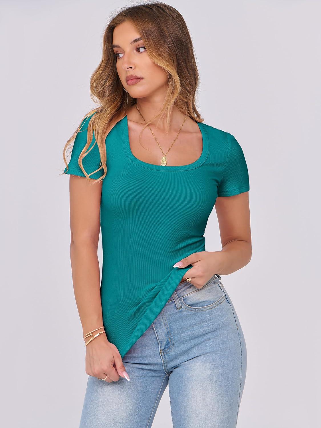 imageANRABESS Women Short Sleeve Tops Scoop Neck Ribbed Knit Slim Fitted Basic Tee Shirts 2025 Casual Summer Trendy ClothesTeal