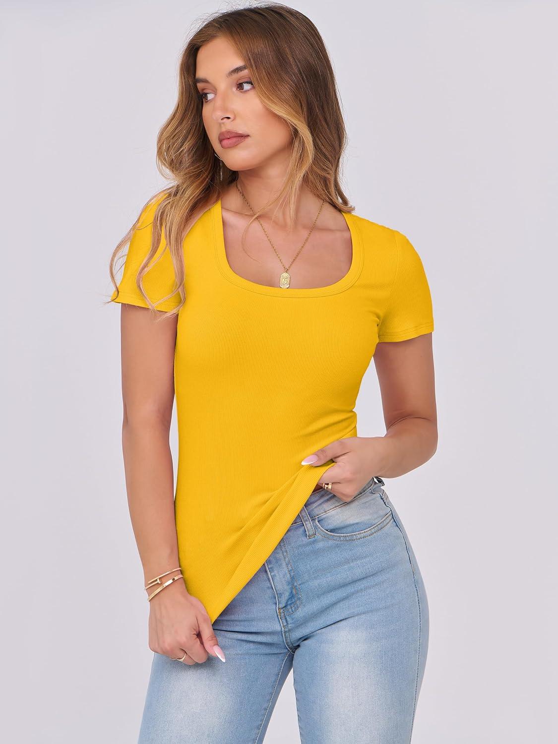 imageANRABESS Women Short Sleeve Tops Scoop Neck Ribbed Knit Slim Fitted Basic Tee Shirts 2025 Casual Summer Trendy ClothesYellow