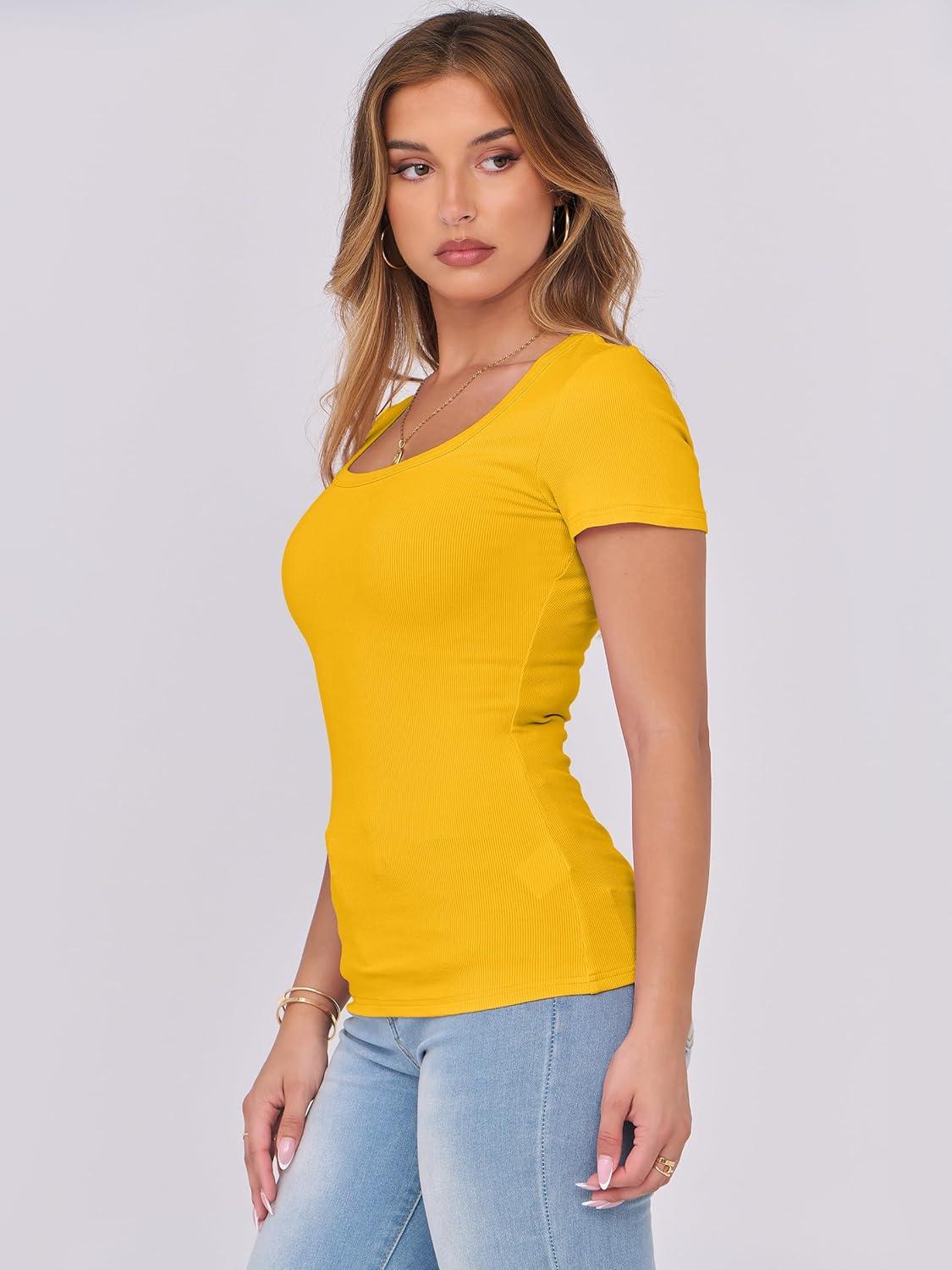 imageANRABESS Women Short Sleeve Tops Scoop Neck Ribbed Knit Slim Fitted Basic Tee Shirts 2025 Casual Summer Trendy ClothesYellow