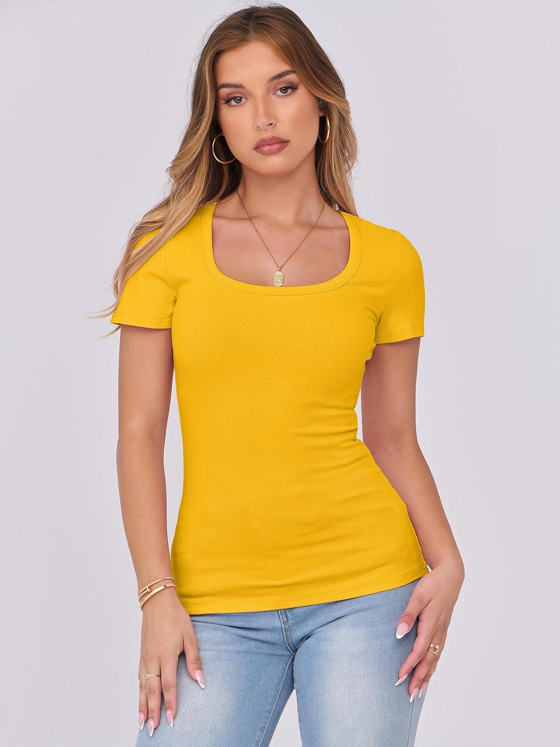 imageANRABESS Women Short Sleeve Tops Scoop Neck Ribbed Knit Slim Fitted Basic Tee Shirts 2025 Casual Summer Trendy ClothesYellow