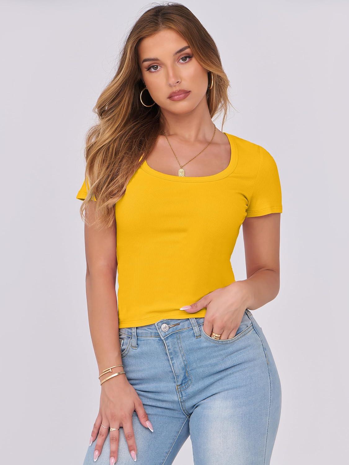 imageANRABESS Women Short Sleeve Tops Scoop Neck Ribbed Knit Slim Fitted Basic Tee Shirts 2025 Casual Summer Trendy ClothesYellow
