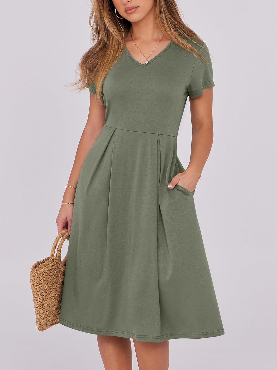 imageANRABESS Women Summer Dress Casual Short Sleeve V Neck ALine Knee Length Pleated Flowy 2025 Fashion Midi Dresses with PocketArmy Green