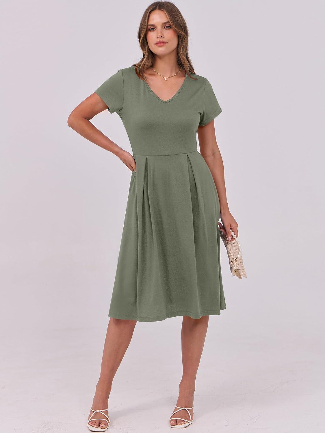 imageANRABESS Women Summer Dress Casual Short Sleeve V Neck ALine Knee Length Pleated Flowy 2025 Fashion Midi Dresses with PocketArmy Green