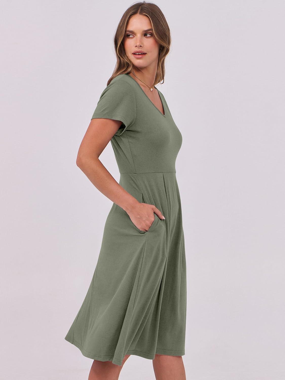 imageANRABESS Women Summer Dress Casual Short Sleeve V Neck ALine Knee Length Pleated Flowy 2025 Fashion Midi Dresses with PocketArmy Green