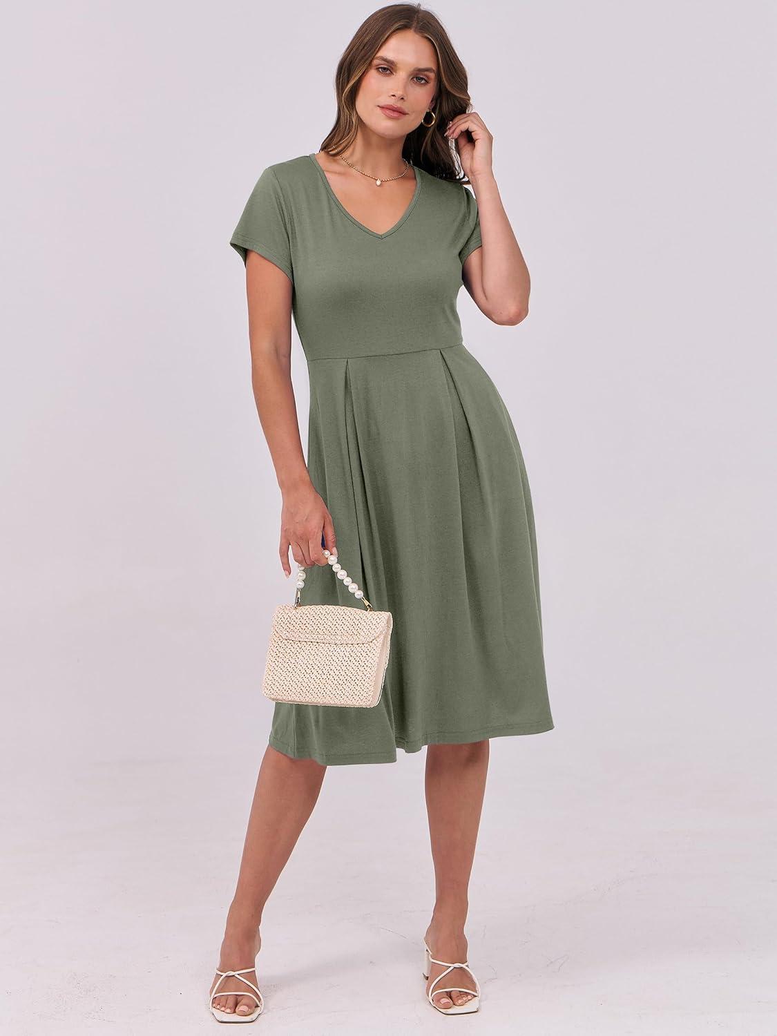 imageANRABESS Women Summer Dress Casual Short Sleeve V Neck ALine Knee Length Pleated Flowy 2025 Fashion Midi Dresses with PocketArmy Green