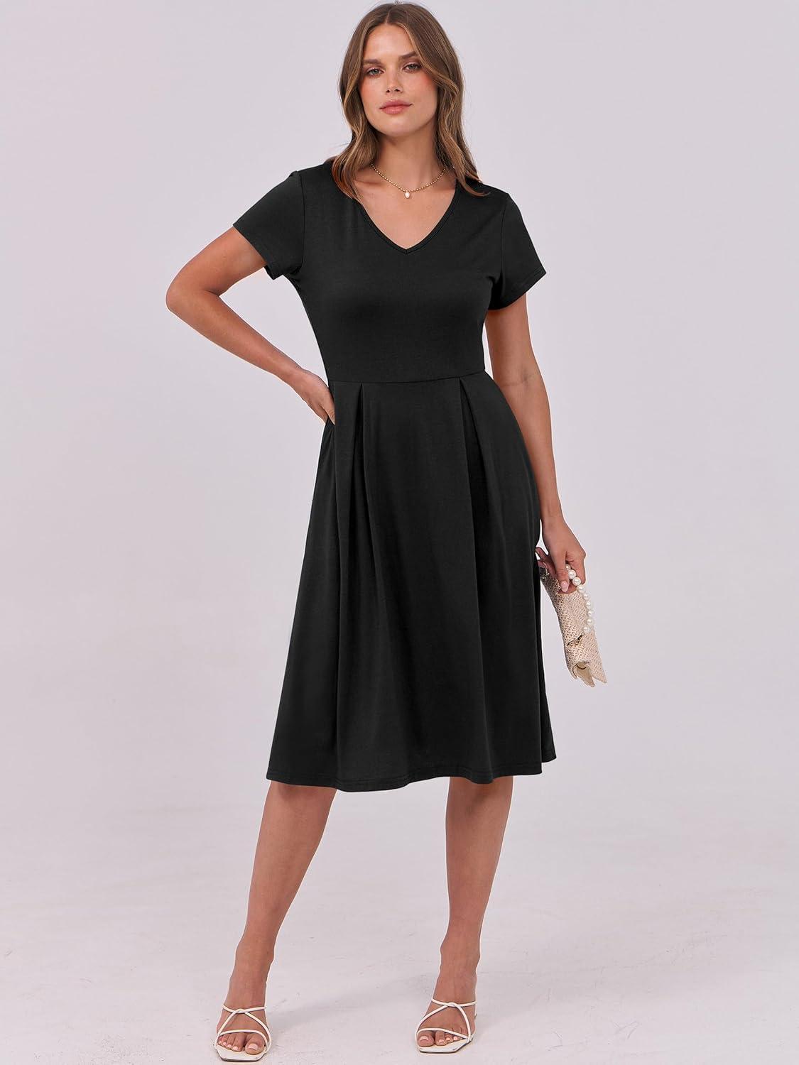 imageANRABESS Women Summer Dress Casual Short Sleeve V Neck ALine Knee Length Pleated Flowy 2025 Fashion Midi Dresses with PocketBlack