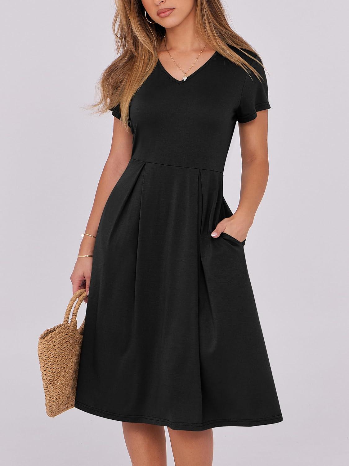 imageANRABESS Women Summer Dress Casual Short Sleeve V Neck ALine Knee Length Pleated Flowy 2025 Fashion Midi Dresses with PocketBlack